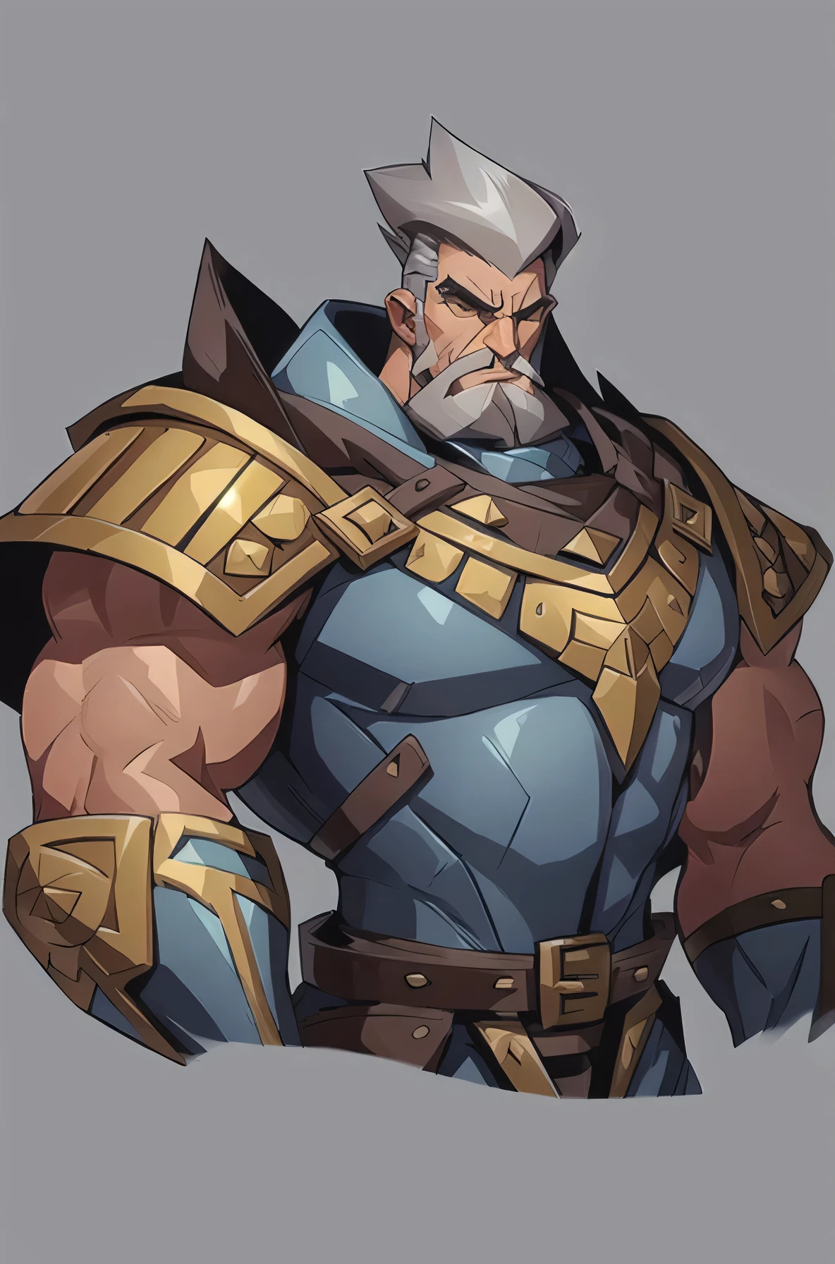 concept art, European comics, game character design, 1st son, alone, mustache, mature male, male focus, facial hair, Armor, muscular male, whole body, gray hair, Short hair, muscular, old, old man, headlands, shoulder Armor, Breastplate, Fully armed, standing, wrinkled skin, scar on face, Zoom in on the face only, detailed face, Express only up to the chest, 