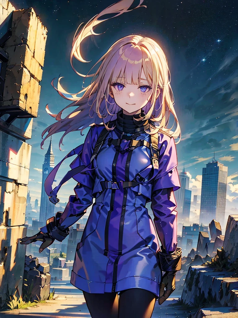 Empty City, A town above the clouds, Sky City,Purple Eyes,with golden hair, wearing a duffle coat