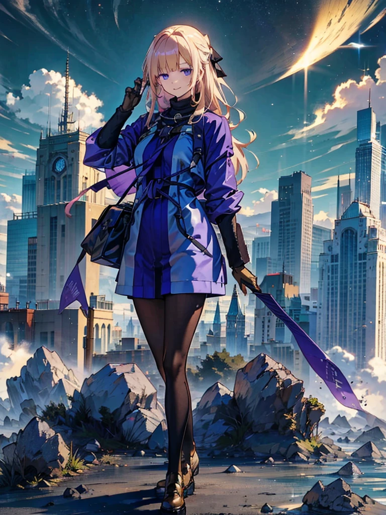 Empty City, A town above the clouds, Sky City,Purple Eyes,with golden hair, wearing a duffle coat
