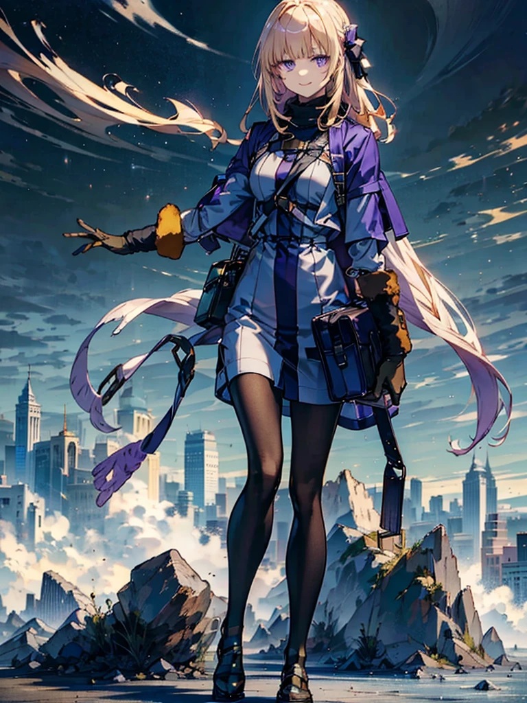 Empty City, A town above the clouds, Sky City,Purple Eyes,with golden hair, wearing a duffle coat