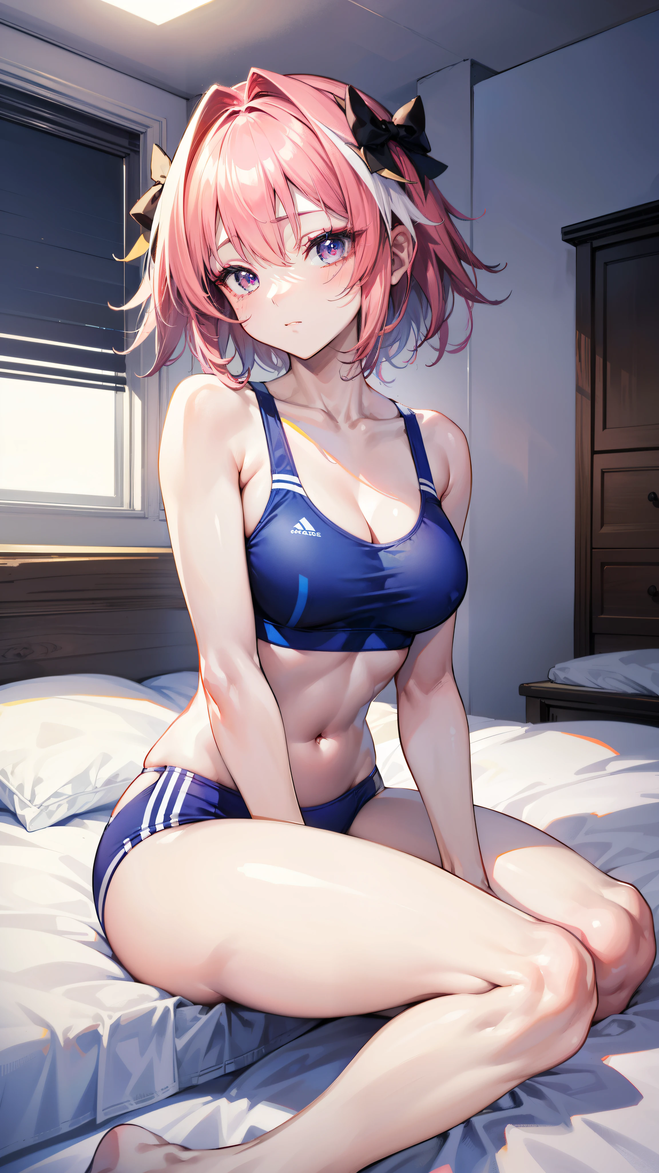 Astolfo, ((Femboy)), Anime, (Masterpiece:1.25), Best quality, High resolution:1.35, RAW photo:1.2, Detailed CG, Dreamy, Curvy build, Skinny, Slender body, Fine detailed beautiful eyes: 1.2, Embarassed Expression, Erotic thighs, Lustrous skin, Photon maping, Cinematic lighting, Full body shot, Dynamic angle, ((Blue sports bra)), Show armpits, (((Sitting on bed))), Cute face, Long eyelashes, detailed eyelashes, eye shadows, glowing eyes, realistic eyes, Natural makeup, Clear facial features, Hyper detailed face, Lip details