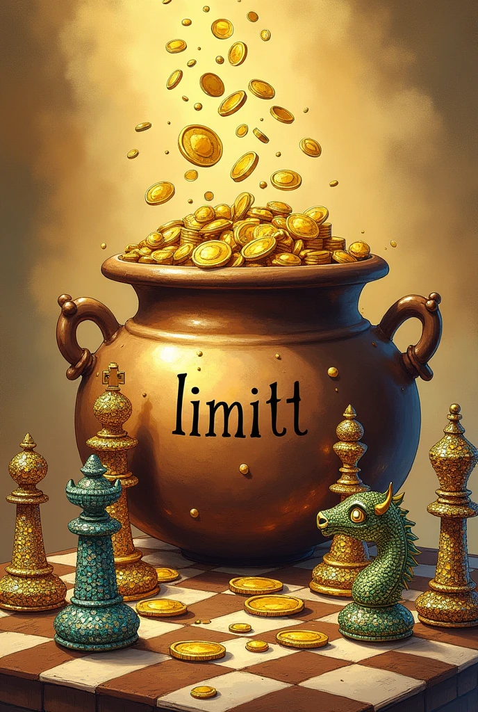 drawn drawing, sticker Gold coins in a pot It has the word written on it "limit"
Chess board chess pieces standing next to each other. They are set with rhinestones and beautiful stones. Golden color. Luxury luxury