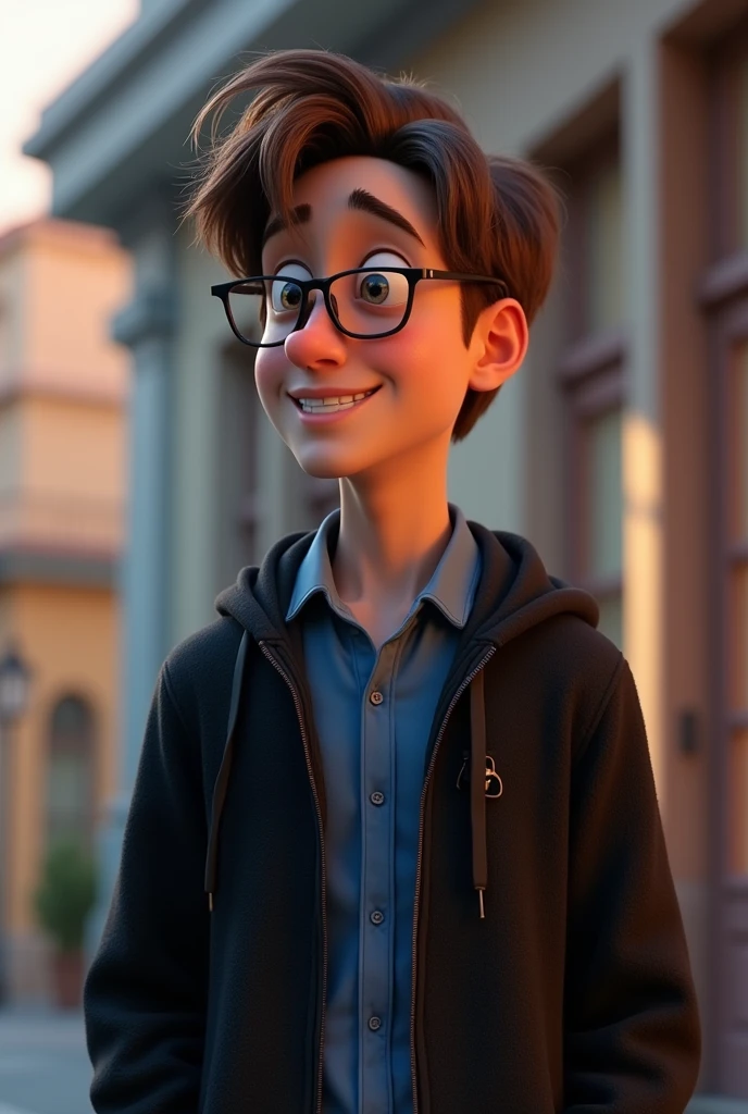 a male animated movie character in the Disney Pixar style, high qualiy, best quality , black fleece sweater blue shirt , Wear nerd glasses,  , long  hair , Happy young man  , scenes in different actions in each take