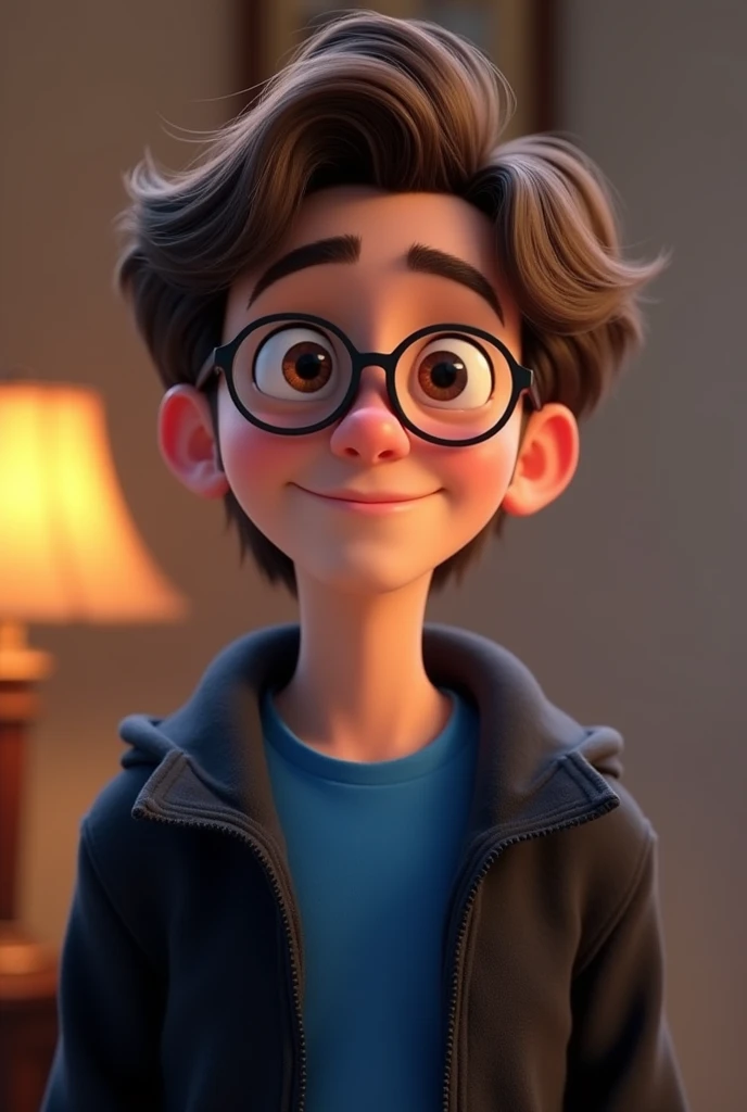 a male animated movie character in the Disney Pixar style, high qualiy, best quality , black fleece sweater blue shirt , Wear nerd glasses,  , long  hair , Happy young man  , scenes in different actions in each take