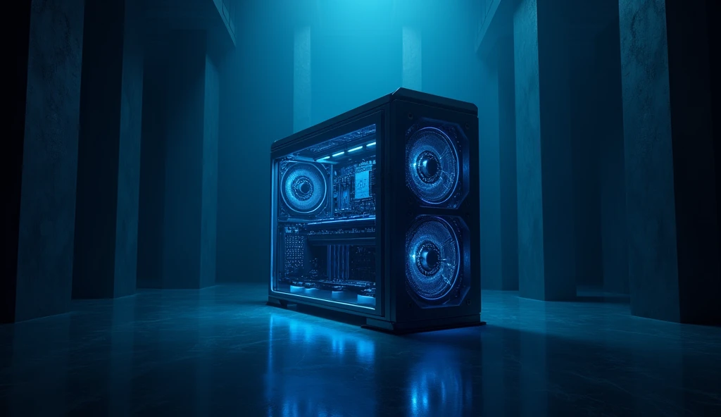 Dark room with a super computer the center with blue details glowing blue, high quality, 8K Ultra HD,