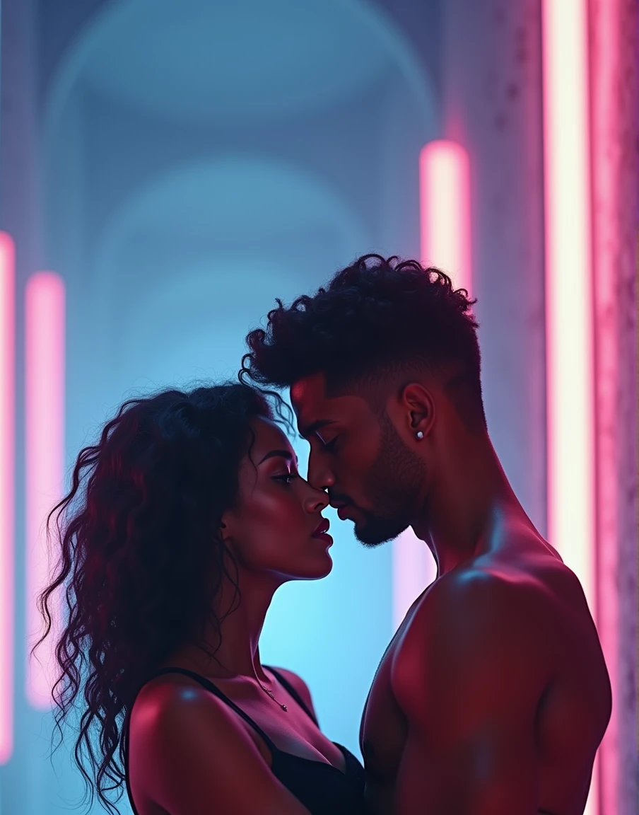 a close-up shot of a handsome black man short haircute and an Afro-Latina woman red lips kissing, their lips close together, cinematic lighting, romantic atmosphere, detailed facial features, beautiful skin tones, chiaroscuro lighting, dramatic shadows, intense eye contact, passionate embrace, high quality, photorealistic, 8k, cinematic, dramatic
