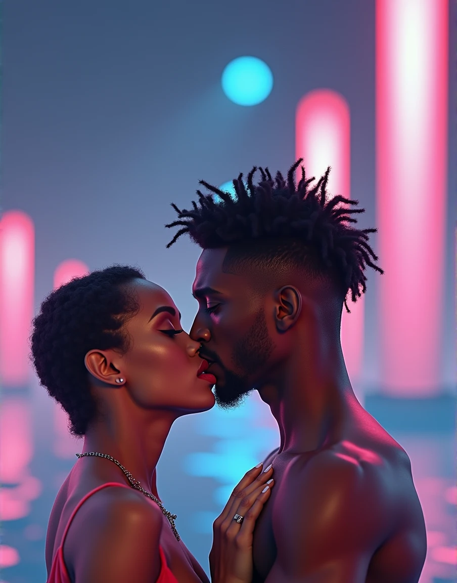 a close-up shot of a handsome black man short haircute and an Afro-Latina woman red lips kissing, their lips close together, cinematic lighting, romantic atmosphere, detailed facial features, beautiful skin tones, chiaroscuro lighting, dramatic shadows, intense eye contact, passionate embrace, high quality, photorealistic, 8k, cinematic, dramatic