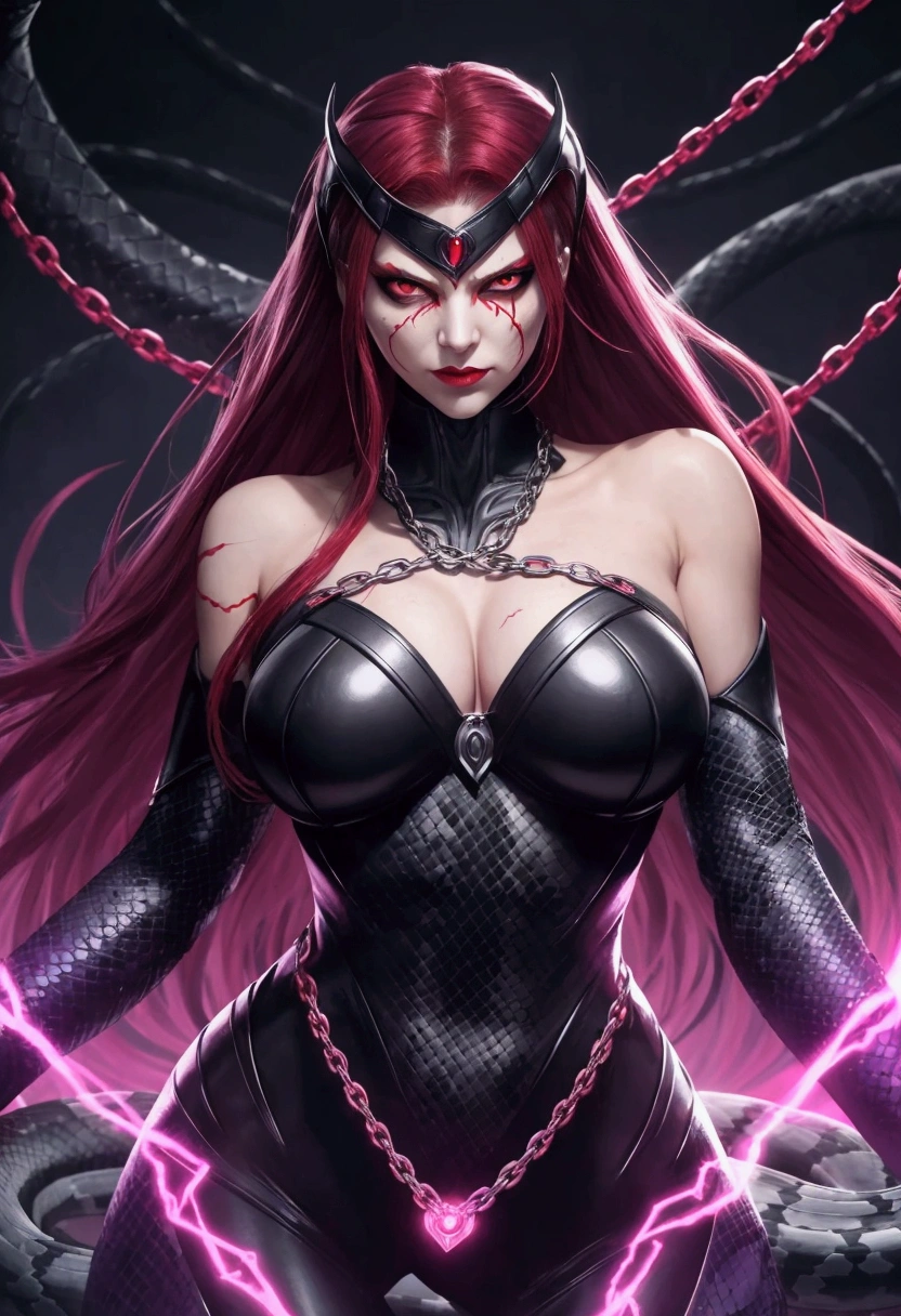 female supervillain, half mask in the eye, visible veins in her face, red eyes, face detail using power chains, snake power, Meduza, beautiful, sexy, Psychopath