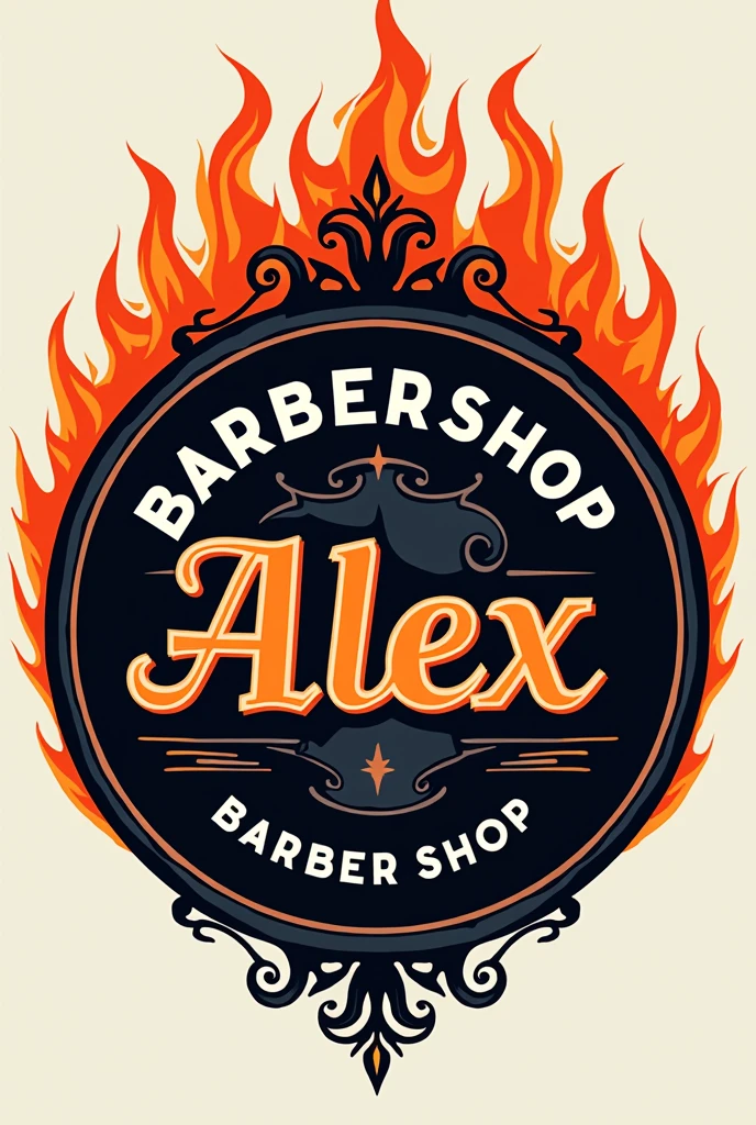 Rounded logo for a barbershop that includes flames and the name barbershop alex 

