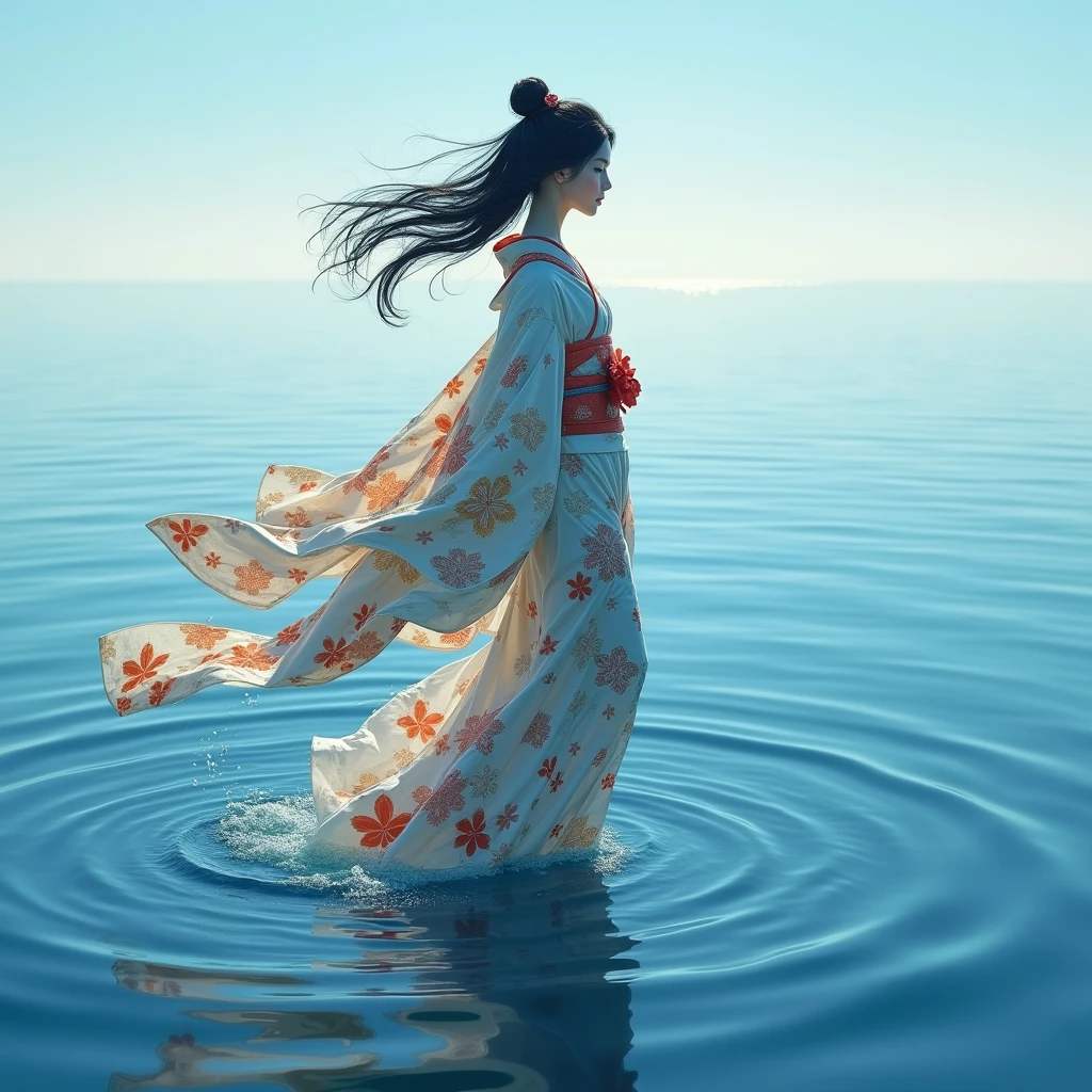 A woman with long black hair, wearing a kimono, standing on the sea.