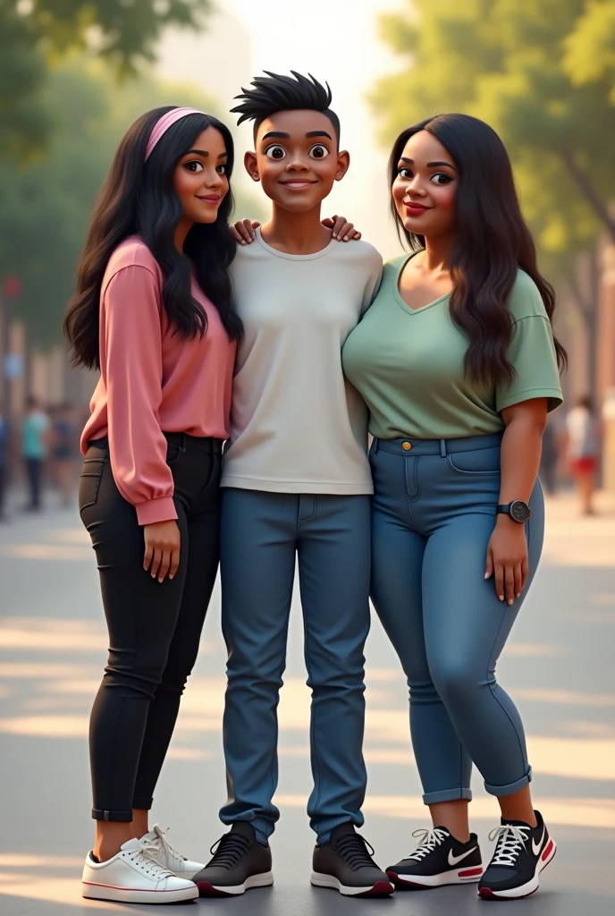 (photorealism:1.2), Has una foto del cumpleaños de una amiga donde esté my best friend y yo con la siguiente descripción:
LAURA: birthday 1.60 tall, Brown skin, Brown eyes, long straight black hair a headband in her hair, pink blouse and black pants.
Katherine, my best friend: Woman 1.58 tall, Brown skin Cabello largo un poco rizado de color café y negro oscuro, a little chubby, blue pants with light green shirt with a panda white Nike shoes.
They: in the middle of both 1.70 tall, Brown skin, Black hair with hair standing up in front like a wave, a watch on her right hand, blue pants and a white shirt, a little chubby, black shoes with red New Balance.
Photo Context, in the center of San Salvador in the afternoon