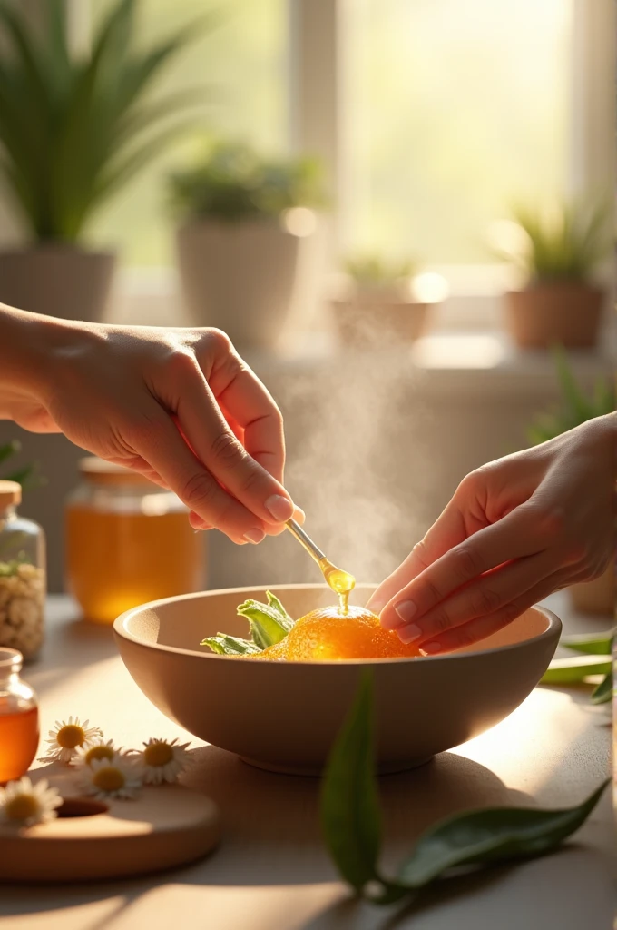 Mix honey, aloe vera, and chamomile ingredients in a bowl.