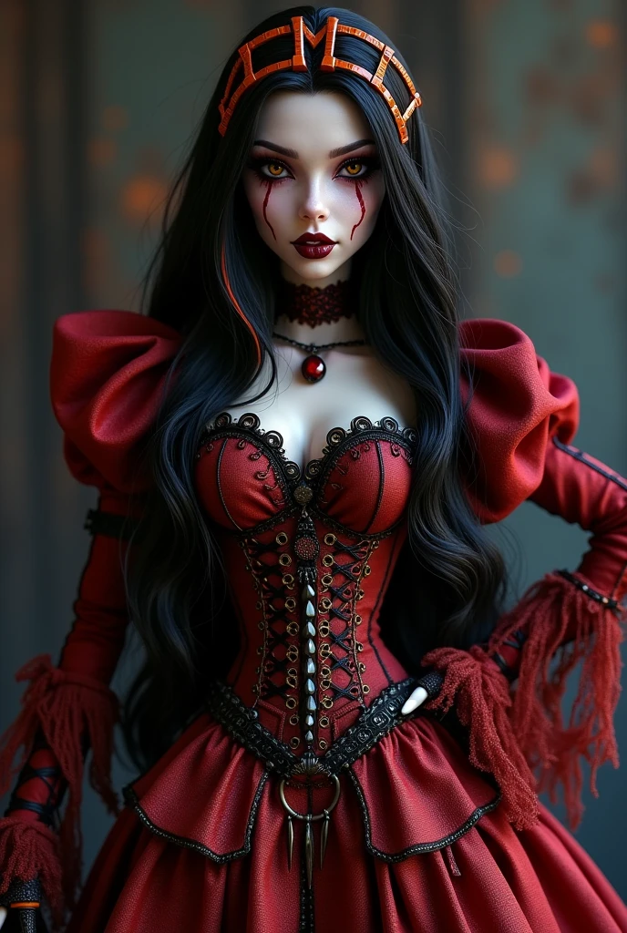 Pennywise woman with long black hair with orange stripes in the Monster High Dracula style and red and black clothing