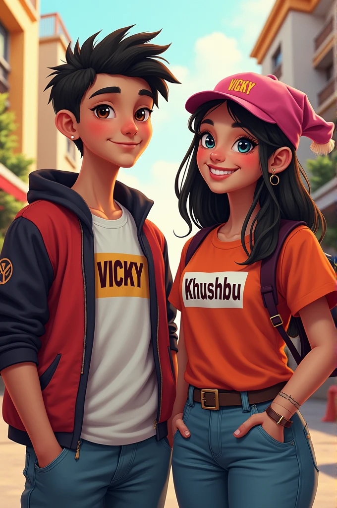 Ek image banao jisme ek teen age ladka ladki ho aur dono achchhe kapde pahna ho aur larka ke kapde par Vicky likha ho aur ladki ke kapade par Khushbu likha ho