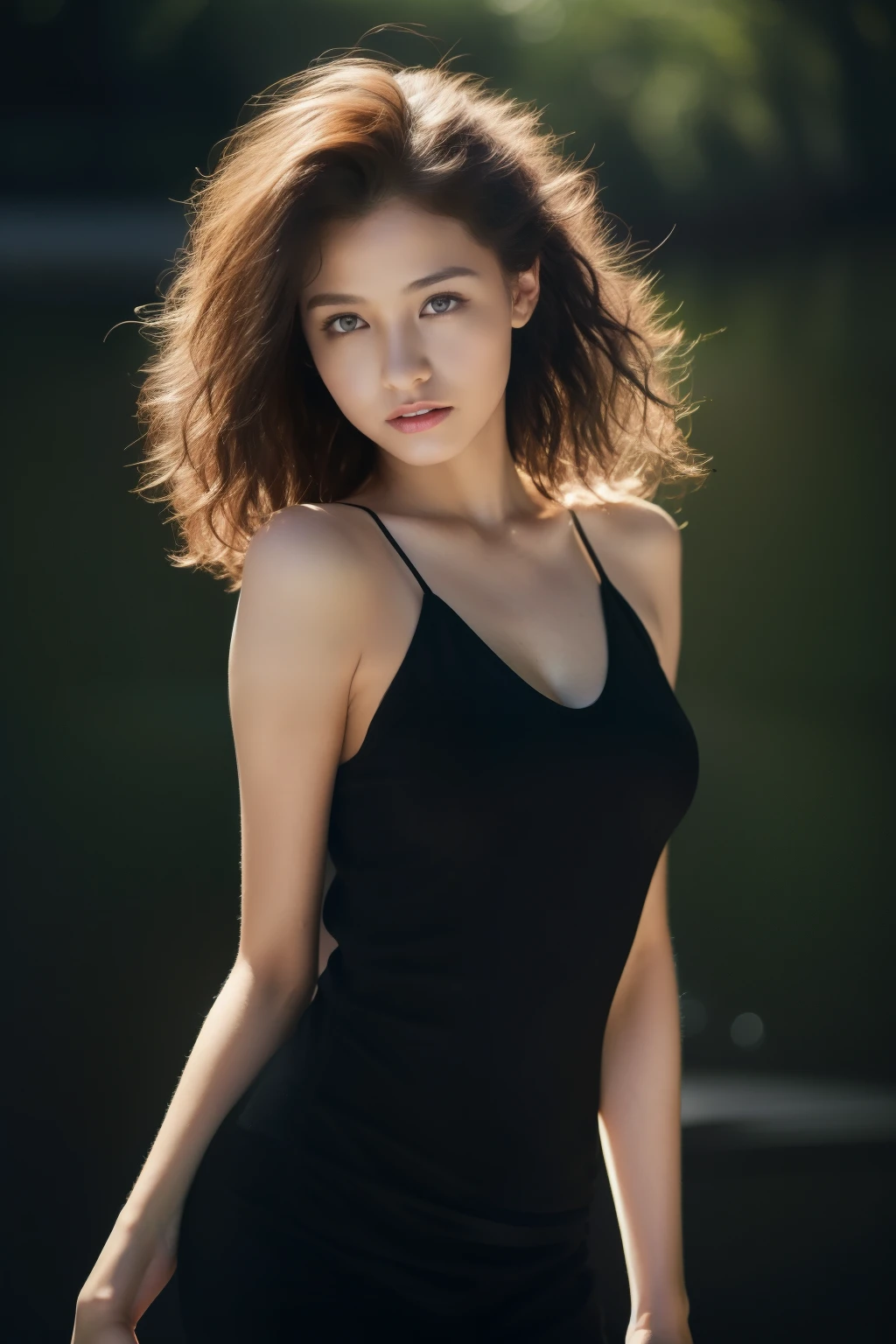 beautiful young woman with, Black Camisole Dress, hyper realisitic, , Body of the model, Small breasts, Beautiful breasts, Middle hair, Curly hair, Long legs, 8K, Sunlight, Ambient lighting, (quality: 1.2), (Rembrandt lighting: 1.3), (savanna: 1.2), (telephoto) and stunning background, In front of the lake, Fortnite Mesh Capture, Realism in the game style since、very small breasts、.small 、extremely small breasts、A-cup breasts、Model body type、Slimed、A slender
