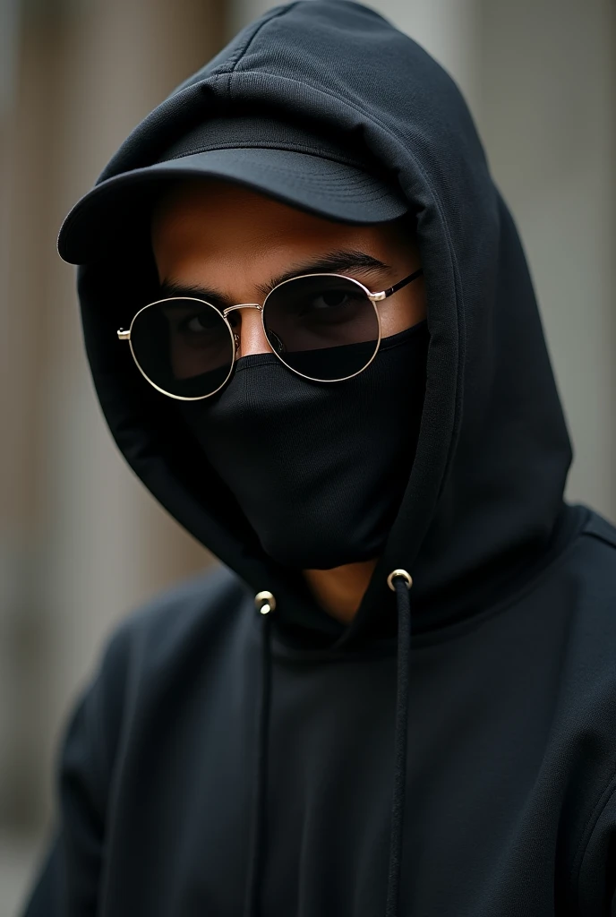 a handsome guy in a hoodie not showing his face, with a mask on his face, sunglases, hi is a dj, trap musician, this is a photo for his instagram profile, wearing a cap, stylish