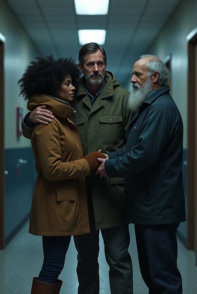 A very black woman, coily hair, with cold clothes remedy. A white skinned man, tipis, with cold clothes, scruffy beard, blackquality hair, remedy. A tall elderly man, Scrawny, beard, wearing janitor clothes, remedy. They are consoling each other. The two men of the same height. They are in a long American school hallway.