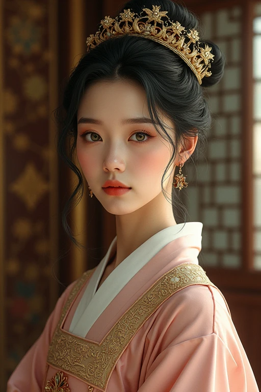 adolescent, It was Joseon Korea, Woman with green eyes, black hair Royal Palace beautiful white skin pregnant hair up, 16 years, mixed race with European