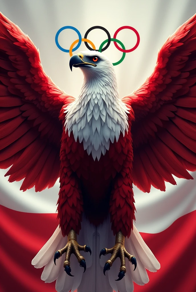 A large white and red eagle with wings wide open, radiating strength and elegance. The eagle possesses a sharp black beak and notable talons, with its feathers richly detailed. The background includes the Polish flag fluttering beside the Olympic flag, with '5s' written in gold
write sortation with the olympics symbol in. and in the middle of the chest the writing Qualidade T3