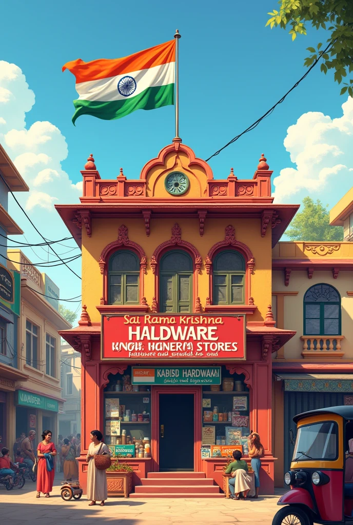 Create Paint shop building put Indian flag on the building paint shop name Sai Rama Krishna Hardware and General stores