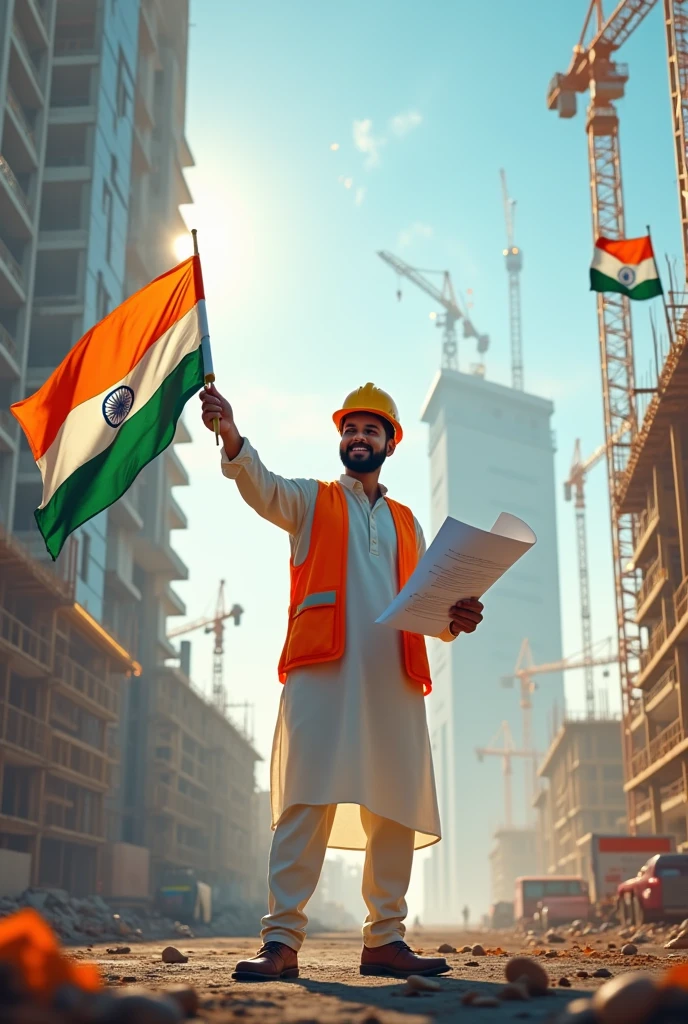 "Create an image of a modern building developer standing in front of a high-rise construction site, holding a blueprint in one hand while waving an Indian flag with the other. The developer should be smiling, wearing a traditional kurta paired with a construction helmet. In the background, the construction site is decorated with lights and Indian tricolor banners, with a large sign that reads 'Happy Independence Day' in bold, festive letters. The sky is clear with fireworks in the distance." Create it in white background so that I can add my branding logo to it