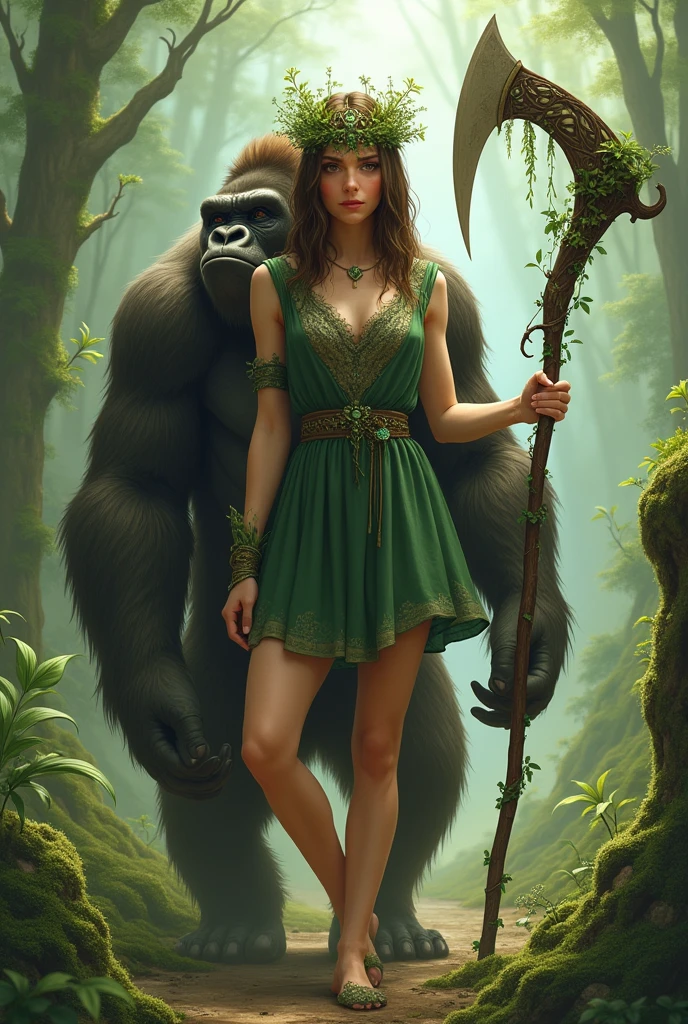 A cute woman with straight brown medium hair and a calm hazel eyes, wearing a green and brown short dress with her emerald crown made out of vines, holding her scythe inside the earth kingdom with her huge pet gorilla beside her.
