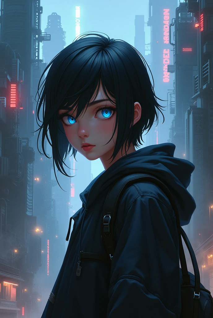 digital art style, concept art, fanart, dystopian, futuristic, gender-neutral, young adult, dark hair, blue eyes, “stellar” -anime -realism