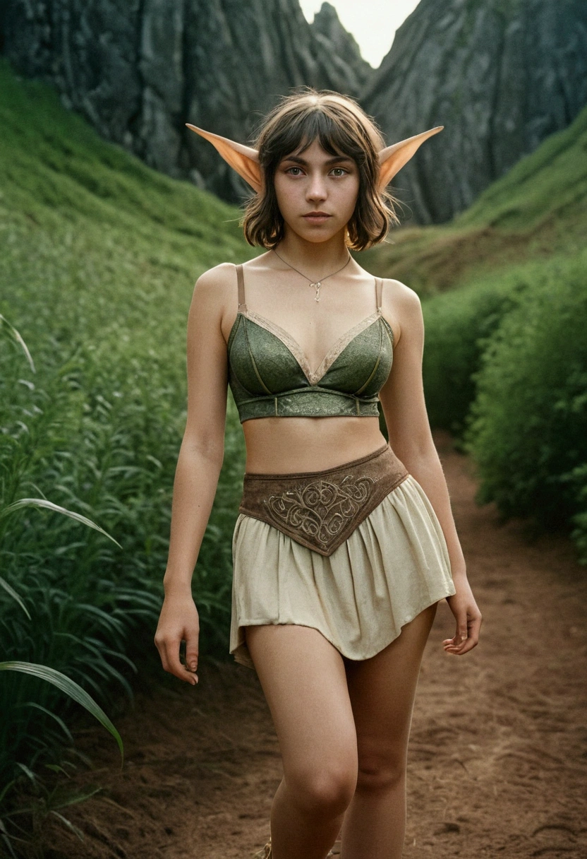 analog film photo, photo of a young elven girl, 18 years old, elf ears, honey eyes, shaggy brunette bob cut, tan complexion, tall stature, voluptuous hourglass figure, full hips, plump round buttocks, wearing a bralette and an asymmetrical mini-skirt, strolling through a fantasy landscape, RAW Photograph, dslr, soft lighting, high quality, film grain, Fujifilm XT3, detailed skin with visible pores, insane details, masterpiece, 8k, 35mm photograph, dslr, kodachrome, faded film, desaturated, grainy, vintage, Lomography, stained, highly detailed, found footage, close-up shot, elven ears