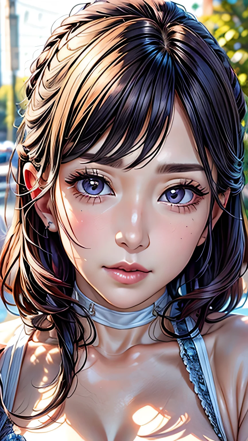 Very beautiful princess with bright eyes, 35 year old mature woman, Serious expression, rage, Ultra-realistic, Very detailed, Dynamic facial expressions, large natural breasts, Big Tits、Pastel purple garter set, Fine and beautiful eyes,Beautiful lip detail,Very detailed目と顔,Long eyelashes, Detailed face, masterpiece, 最high quality, high quality, High resolution, (((Face close-up)))、