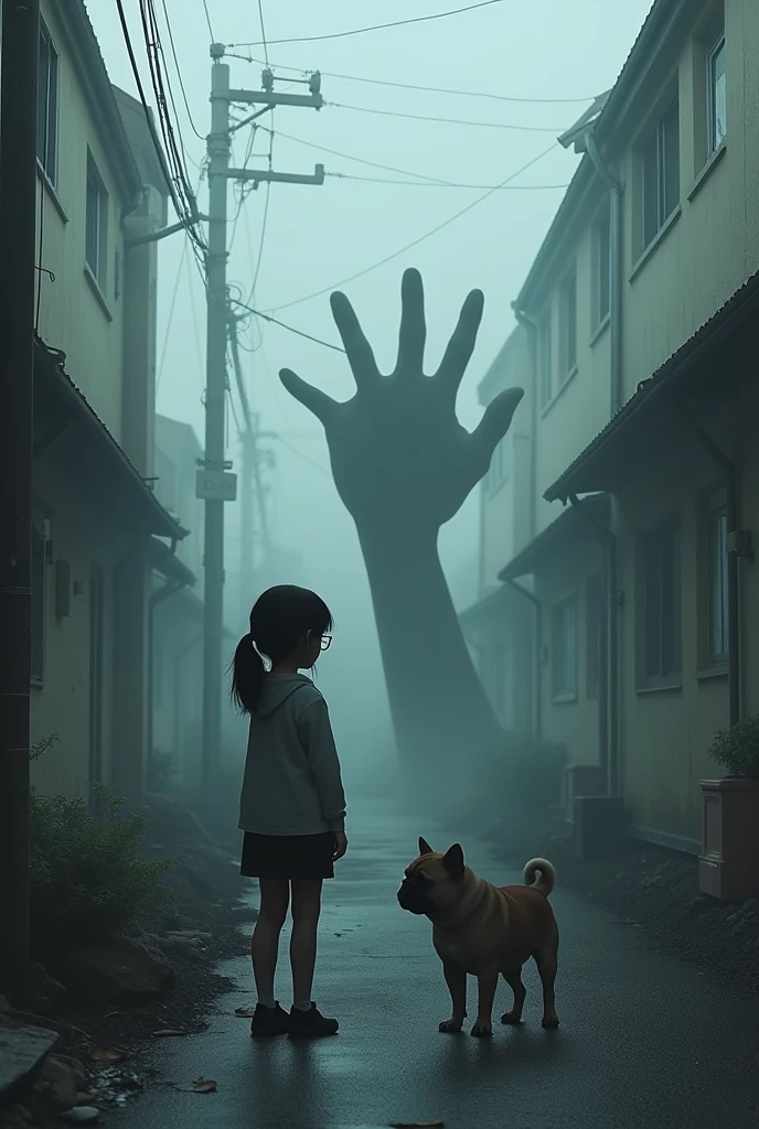 A Japanese residential area shrouded in morning mist、A bug has occurred in a section of the partition wall under construction, and a black hand is reaching out.、A short cut with a surprised face nearby_A young school girl wearing glasses、A pug and French bulldog mix dog