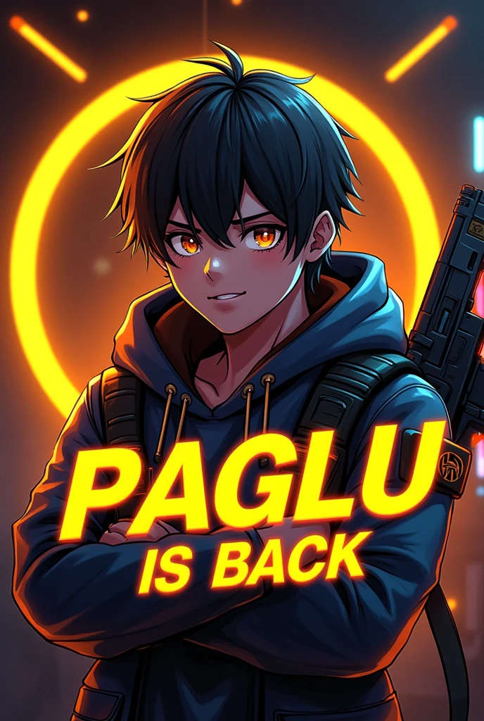 This is a gaming banner that features the name "PAGLU IS BACK" in a futuristic font and a neon Golden and black color, along with a Boy Anime avatar. The banner also has a stylized gun icon, The banner is designed to be attractive and eye-catching, and to appeal to gaming enthusiasts and banner :full size :2560×1440 pixel :safe area : 1546 × 423 pixels : maximum file size limit 6 mb
