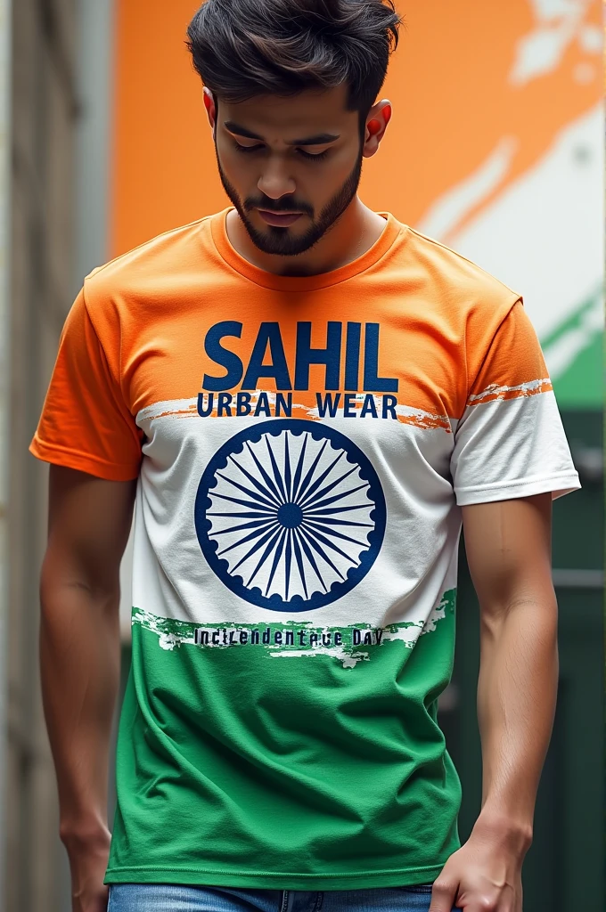 Photo of a t-shirt with SAHIL URBAN WEAR written on it and India Independent Day logo printed on it.