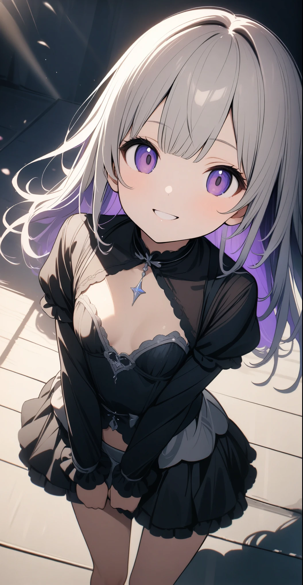 Cute couple, ((Silver Accessories、mini skirt、Black Fashion))、(Gray hair color、A hairstyle with a very deep blue-purple inner color with a gradation effect), Beautiful Hair, Facial Contour, Remember, Stripping scene, Bright proof、splash, Lens flare,, Natural Color, High resolution, Very delicate, Very detailed, 8k,(Swelling in the chest,About a C cup)、Shyness,((Sexual)),((Sexy feeling))、smile、Full body angle