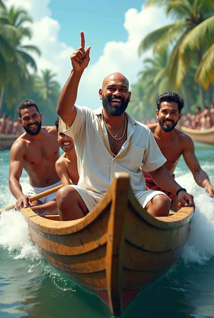 Five men participating in keral boat racing, one of the man is main character and he has no facial hair , bald, not muscular, always happy and energetic, wearing a white shirt and golden chain and he standing and pointing his finger towards front rest guys are wearing t-shirts. They all are in a single boat, boat must longer in size