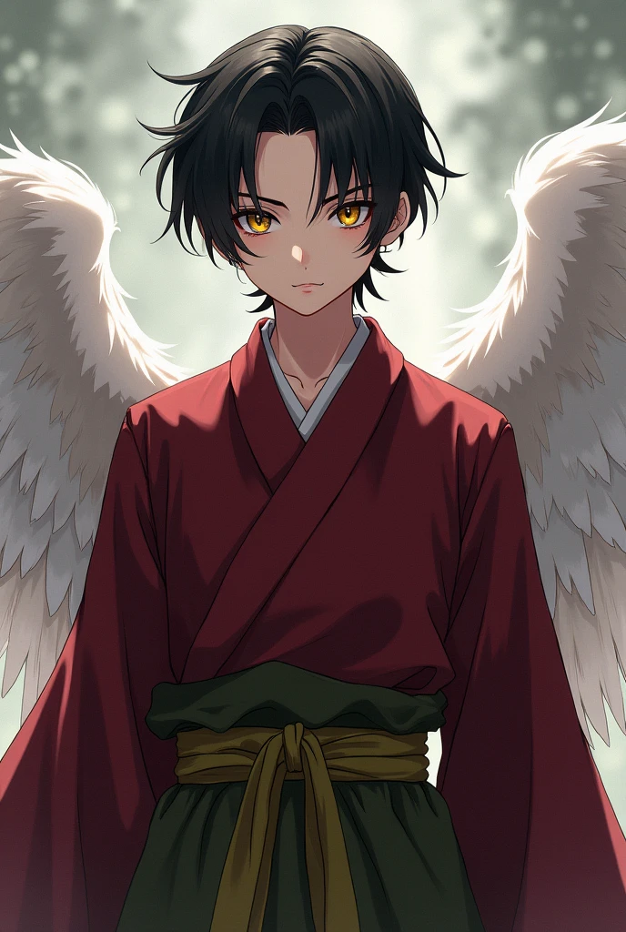 Anime Japanese Kimono Yellow eyes Black hair White wings showing through the back Maroon clothing Olive green hakama Short hair parted in the middle Male