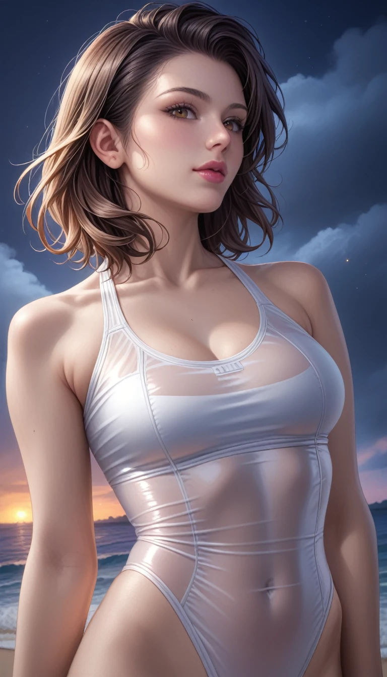 score_9, score_8_superior, score_7_superior, High-resolution CG illustration,A masterpiece in 32K resolution,Highest quality,it is really amazing,Very detailed,Ultra-high resolution,Ultra-realistic,Realistic,Increased depth of field,Cinematic lighting,
(Sexy mature Japan woman:1.1),
black straight medium hair,Ultra-detailed and beautiful face,Calm and gentle look,Beautiful brown eyes,Translucent white skin,Realistic skin texture,Great proportions,
Sexy high leg swimsuit,
Bold design,Chic color scheme,Detailed fabric texture,
(Dark overcast sky on a dull night:1.1),(Dark clouds filling the sky:1),(Thundercloud:1),Coastline at night,Stormy seas,(delay々A desolate sandy beach that continues:1),
Cinematic Angle,