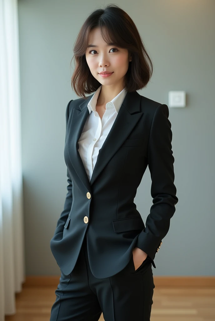 A very beautiful Japanese office lady、business suit、Panties visible from under the skirt、Voluptuous body、Lift your legs、Bob Hair、No makeup