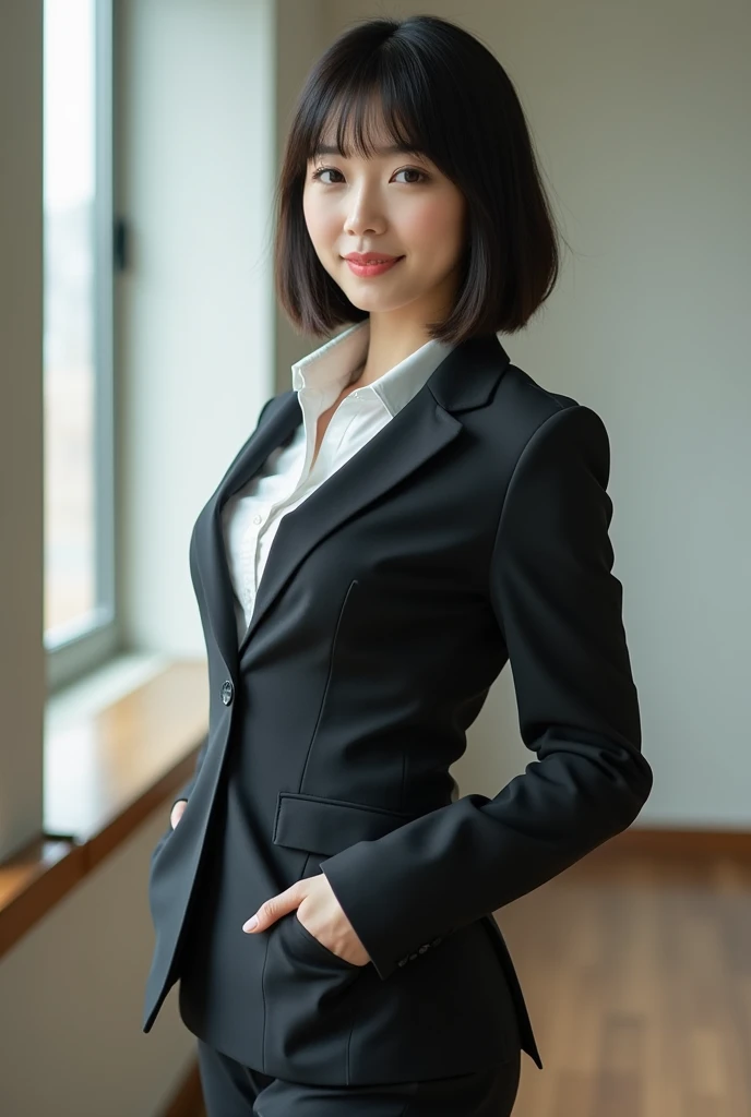 A very beautiful Japanese office lady、business suit、Panties visible from under the skirt、Voluptuous body、Lift your legs、Bob Hair、No makeup