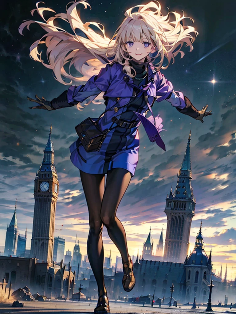 Empty City, A town above the clouds, Sky City,Purple Eyes,with golden hair, wearing a duffle coat, Falling from the sky