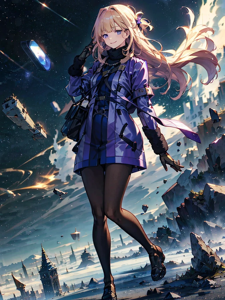 Empty City, A town above the clouds, Sky City,Purple Eyes,with golden hair, wearing a duffle coat, Falling from the sky
