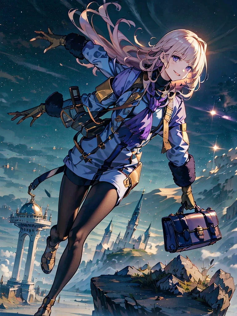 Empty City, A town above the clouds, Sky City,Purple Eyes,with golden hair, wearing a duffle coat, Falling from the sky