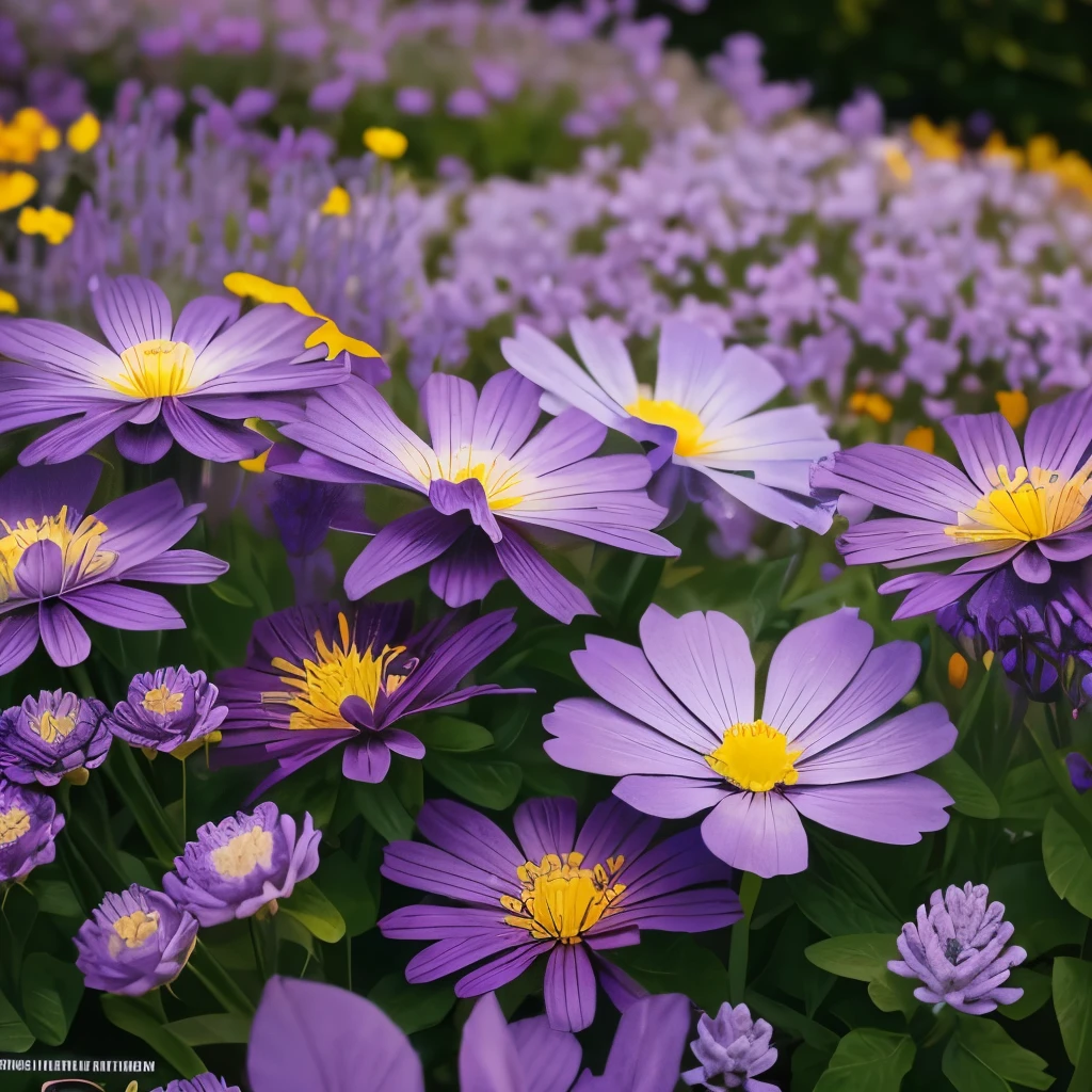 purple and yellow flowers are growing in a garden, purple and yellow, violet polsangi, by Hans Werner Schmidt, violet flower, by Dietmar Damerau, violet, yellow purple, by Karl Gerstner, yellow and purple tones, draped in silky purple and gold, some purple and orange, by Hans Schwarz, some purple, very colourful