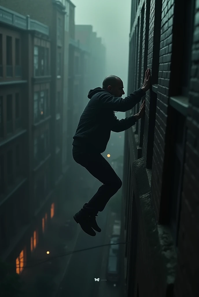 a man clinging to a building, disaster, fear, terror, impending doom, perilous situation, dramatic, intense, gripping, cinematic, (best quality,4k,8k,highres,masterpiece:1.2),ultra-detailed,(realistic,photorealistic,photo-realistic:1.37),dramatic lighting, chiaroscuro, moody, tense atmosphere, dark colors, muted tones, emotional, suspenseful