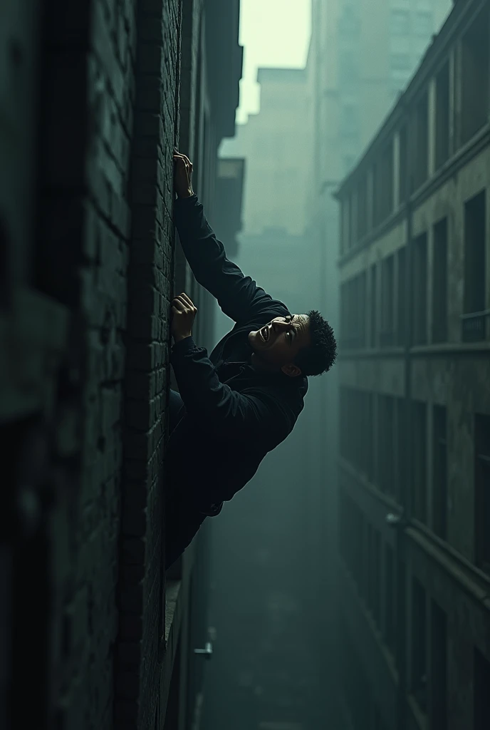 a man clinging to a building, disaster, fear, terror, impending doom, perilous situation, dramatic, intense, gripping, cinematic, (best quality,4k,8k,highres,masterpiece:1.2),ultra-detailed,(realistic,photorealistic,photo-realistic:1.37),dramatic lighting, chiaroscuro, moody, tense atmosphere, dark colors, muted tones, emotional, suspenseful