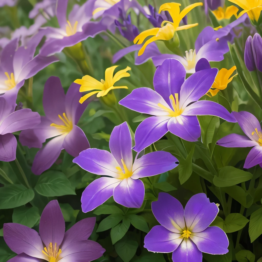 purple and yellow flowers are growing in a garden, purple and yellow, violet polsangi, by Hans Werner Schmidt, violet flower, by Dietmar Damerau, violet, yellow purple, by Karl Gerstner, yellow and purple tones, draped in silky purple and gold, some purple and orange, by Hans Schwarz, some purple, very colourful