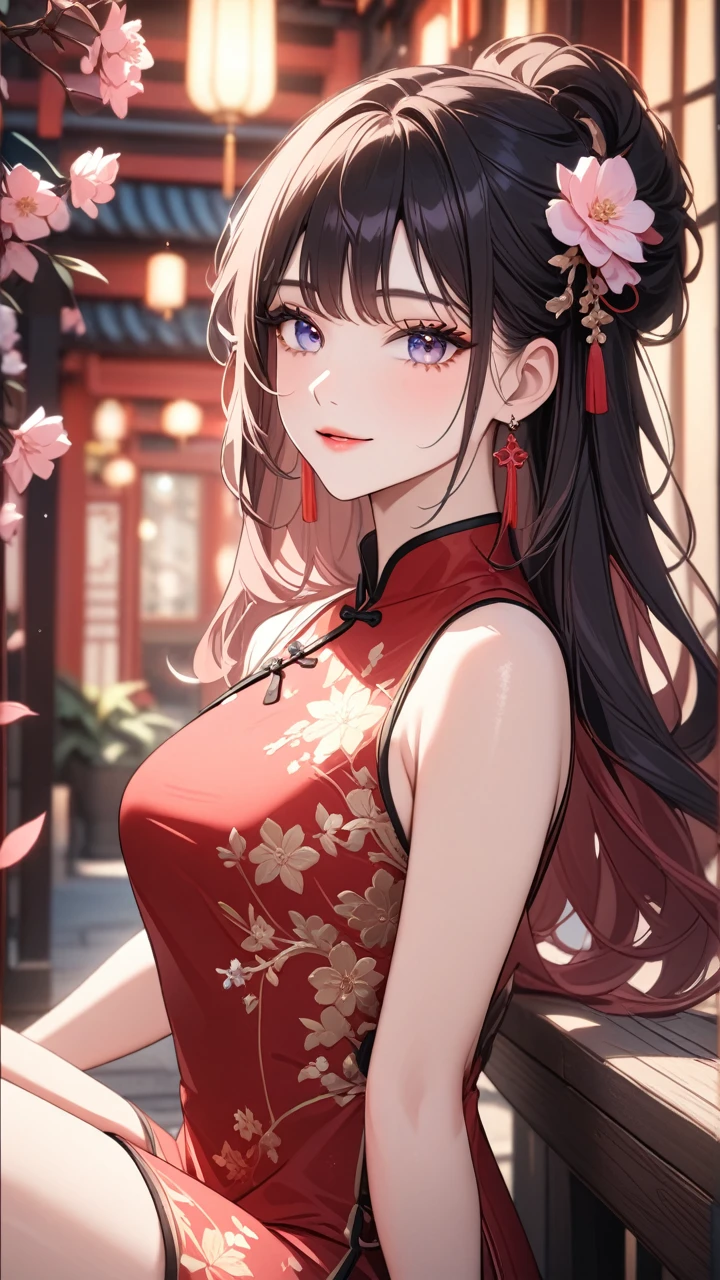 (best quality,4k,8k,highres,masterpiece:1.2),ultra-detailed,red light street,girl,beautiful detailed eyes,beautiful detailed lips,extremely detailed eyes and face, smiling coldly,long messy hair,white with pink flowers detail dress,Chinese style dress,close shot,sexy pose,bench,light particles,romantic ambiance,attractive,provocative,alluring,powerful gaze,vintage vibe,warm color palette,soft focus,gentle lighting