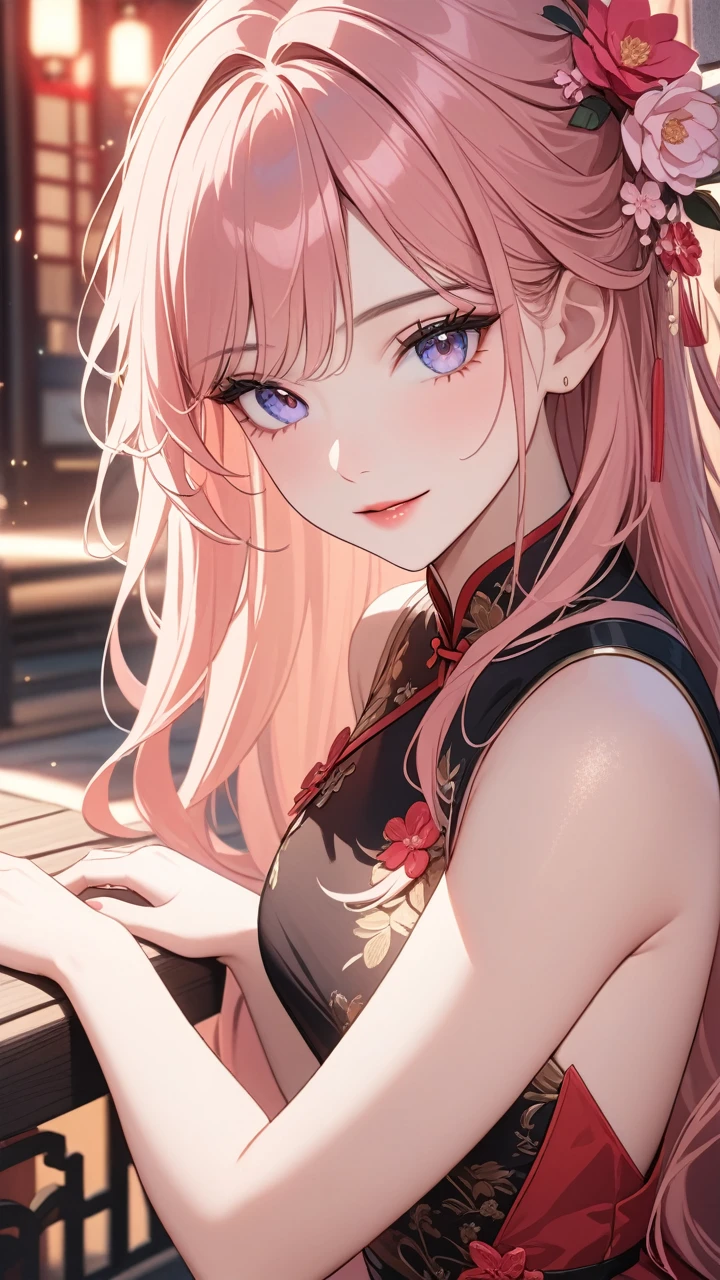 (best quality,4k,8k,highres,masterpiece:1.2),ultra-detailed,red light street,girl,beautiful detailed eyes,beautiful detailed lips,extremely detailed eyes and face, smiling coldly,long messy hair,white with pink flowers detail dress,Chinese style dress,close shot,sexy pose,bench,light particles,romantic ambiance,attractive,provocative,alluring,powerful gaze,vintage vibe,warm color palette,soft focus,gentle lighting