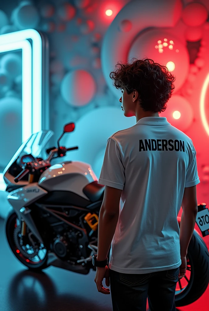 I want you to create an image with an attractive background and a high-end motorcycle appears, I want to see the whole motorcycle with a young man standing looking at the motorcycle, wherever the young man's back is looked at and on his back is written anderson, I want the young man to have wavy hair and be wearing a white shirt.