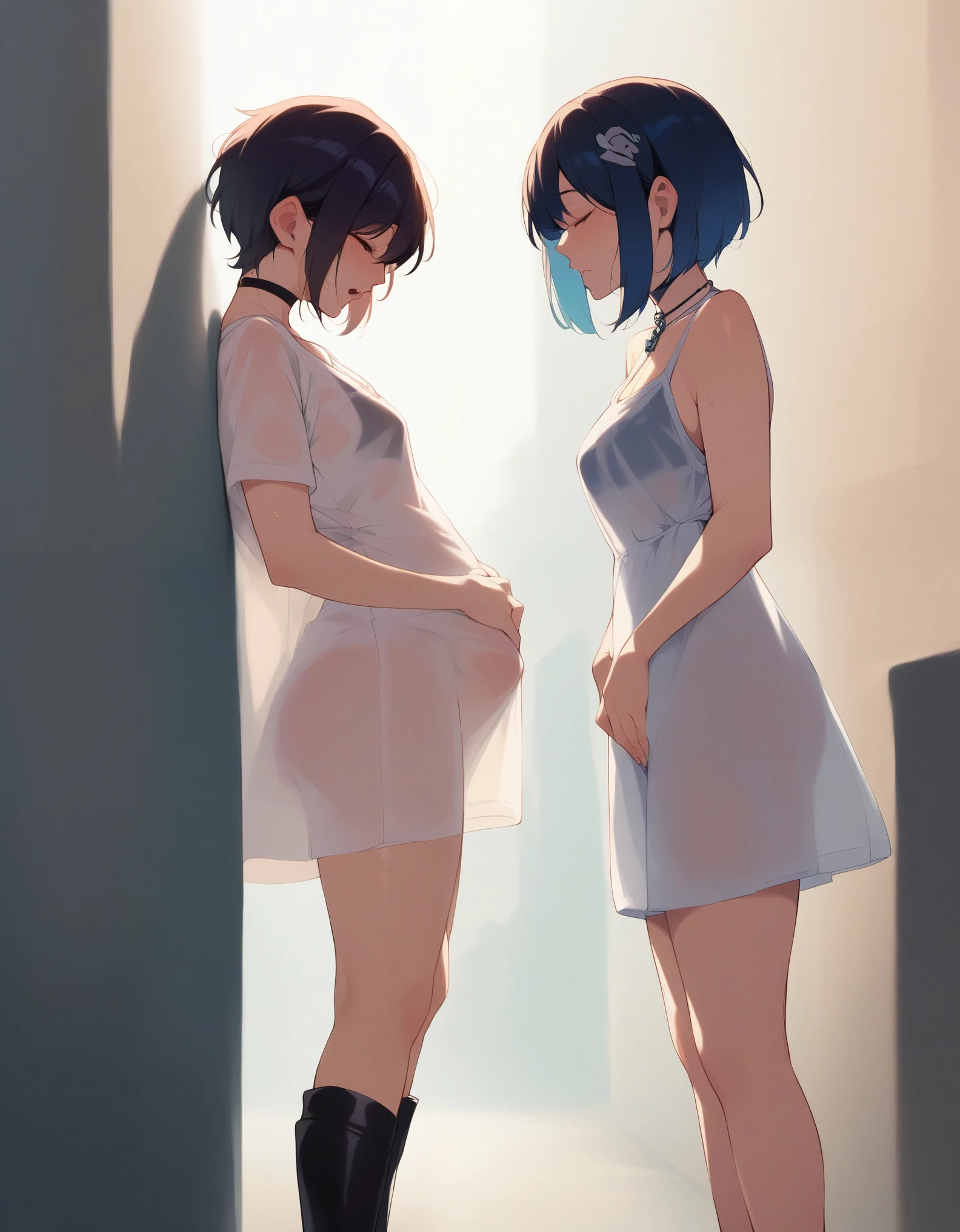 score_9, score_8_up, score_7_up, uncensored, source_anime, 1 woman, ((thin woman who ate too much, stuffed belly)), big belly, lize1st, hair ornament, ((thin sundress with light filtering through)), ((transparent dress, backlighting)) knee high lace-up boots, tall boots, choker necklace, ((goth girl)) (( leaning on wall)), leaning back), (tense emotions:1.1), sweat, tired, eyes closed, gasp, side view, street, sunset, light shaft, ((hands on own belly)), gothmom, multicolored hair, hair over eyes, wetshirt