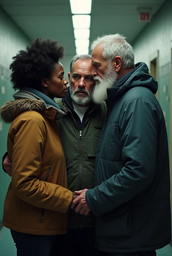 A very black woman, 35 year old, coily hair, with cold clothes remedy. A white skinned man, 35 year old, tipis, with cold clothes, scruffy beard, blackquality hair, remedy. A tall elderly man, Scrawny, beard, wearing janitor clothes, remedy. They are consoling each other. The two men of the same height. They are in a long American school hallway.